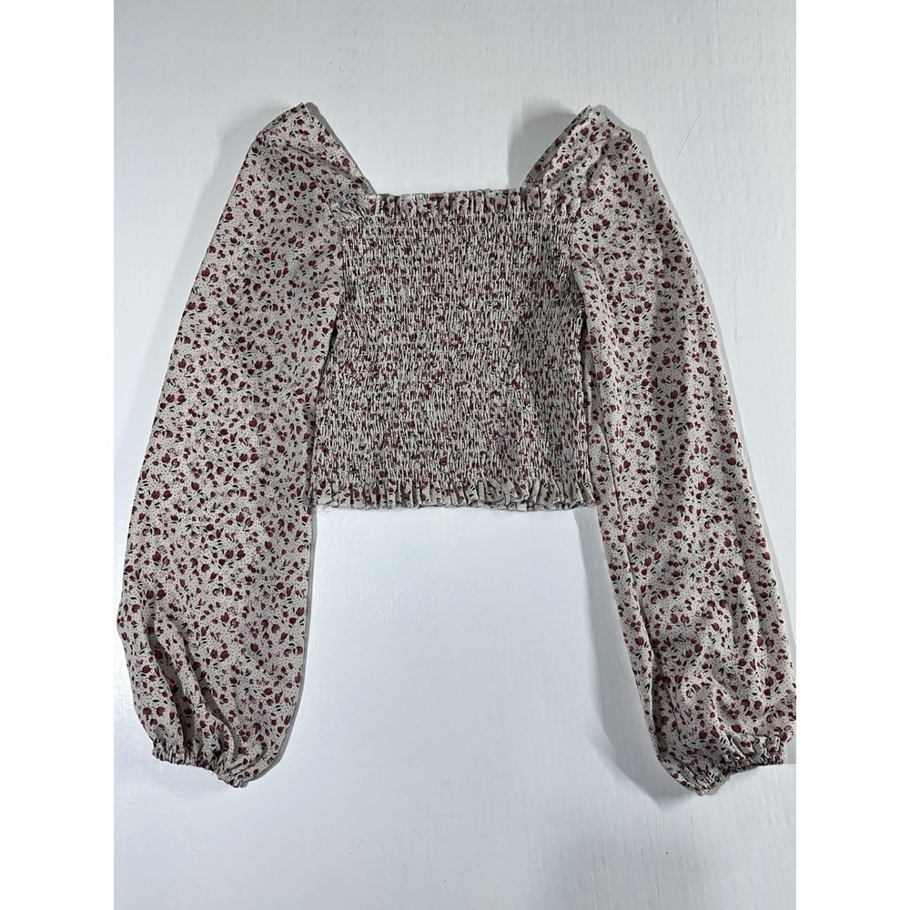 Women's Floral Smocked Crop Top Long Puff Sleeve Boho Peasant Blouse Medium